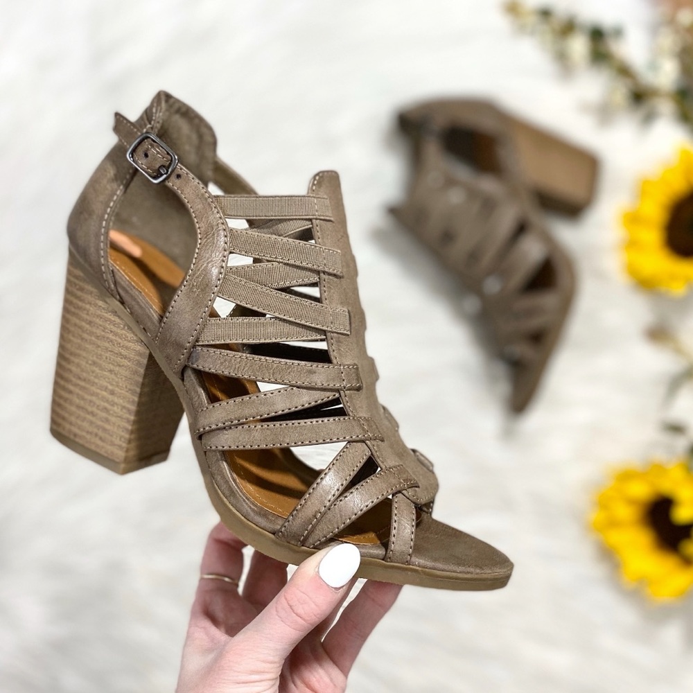 New Strappy Taupe Caged Stacked Block Heel Sandals